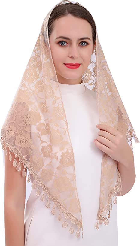 Lace veil Triangle Mantilla veil Shawl or Scarf Latin Mass Head Cover with Fringed lace
