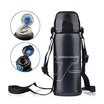 Zology 27oz Vacuum Insulated Sports Water Bottle with Shoulder Strap & 3 lid, BPA Free Stainless Steel Leak Proof Double Wall Vacuum Insulated Travel Coffee Tumbler/ Thermo Mug Flask