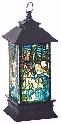 LED Light Up Stained Glass Design Holy Family Nativity Mini Lantern Ornament, 5 Inch