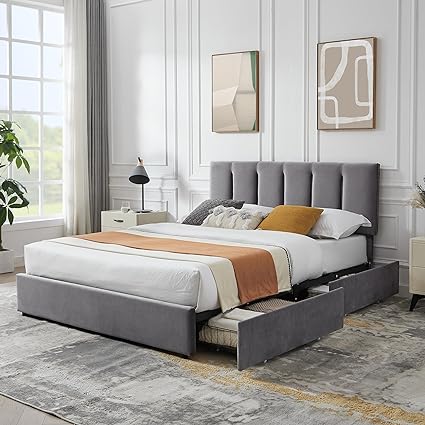 VECELO Full Upholstered Bed Frame with 4 Storage Drawers and Adjustable Velvet Headboard, Heavy-Duty Platform bedframe, No Box Spring Needed, Grey