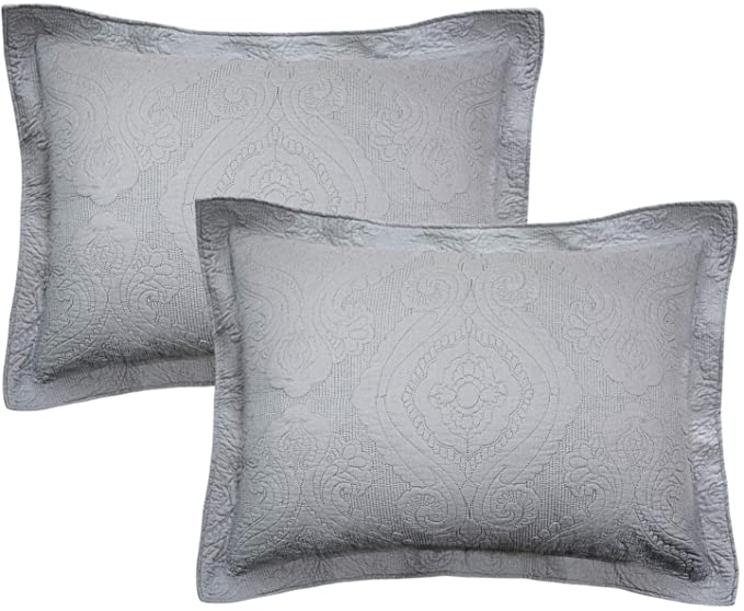 Brandream Quilted Pillow Shams Standard Size Cotton Set of 2 Gray Damask Decorative Pillow Covers Farmhouse Bedding