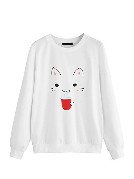 Romwe Women's Cat Print Sweatshirt Long Sleeve Loose Pullover Shirt