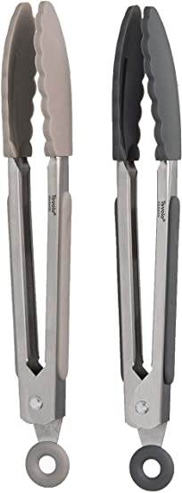 Tovolo Kitchen Cooking Mini Stainless Steel Tongs 7" with Silicone Grip & Easy Lock Mechanism for Serving, Salad, and Ice, Set of 2, Charcoal & Warm Gray