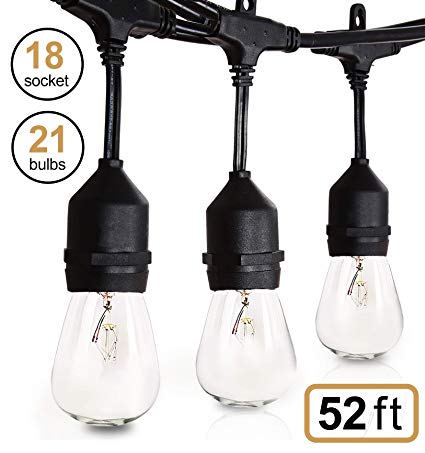 Amico 52FT Outdoor String Lights: Commercial Grade Weatherproof Yard Lights, 18 Hanging Sockets (3 Extra Bulbs Free) 11W Dimmable Incandescent Bulbs, UL Listed Patio Bistro Market Café Lights