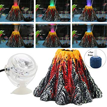 Normei Aquarium Volcano Ornament Kit Colorful LED Spotlight Air Bubbler Stone for Aquarium Fish Tank Decorations