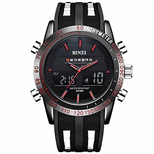 BINZI Military Waterproof Sport Watch, Casual Quartz Multifunction in Black Silicone Band