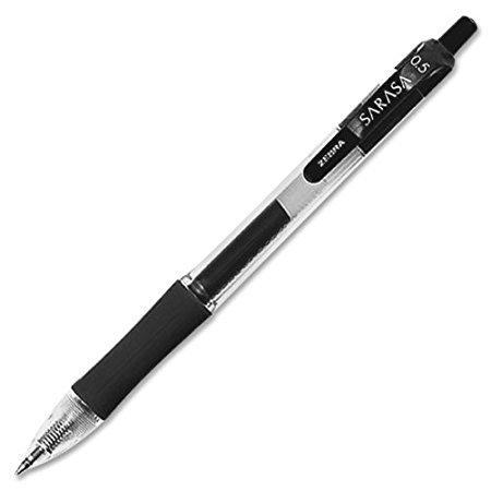 Zebra Sarasa Roller Ball Rapid Dry Ink Gel Pen, Retractable, 0.5mm, Fine Point, Black Ink, 12-Pack (46710)