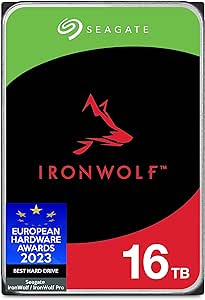 Seagate IronWolf, 16TB, NAS, Internal Hard Drive, CMR, 3.5 Inch, SATA, 6GB/s, 7200 RPM, 256MB Cache, for RAID Network Attached Storage, 3 year Rescue Services, FFP (ST16000VNZ01)