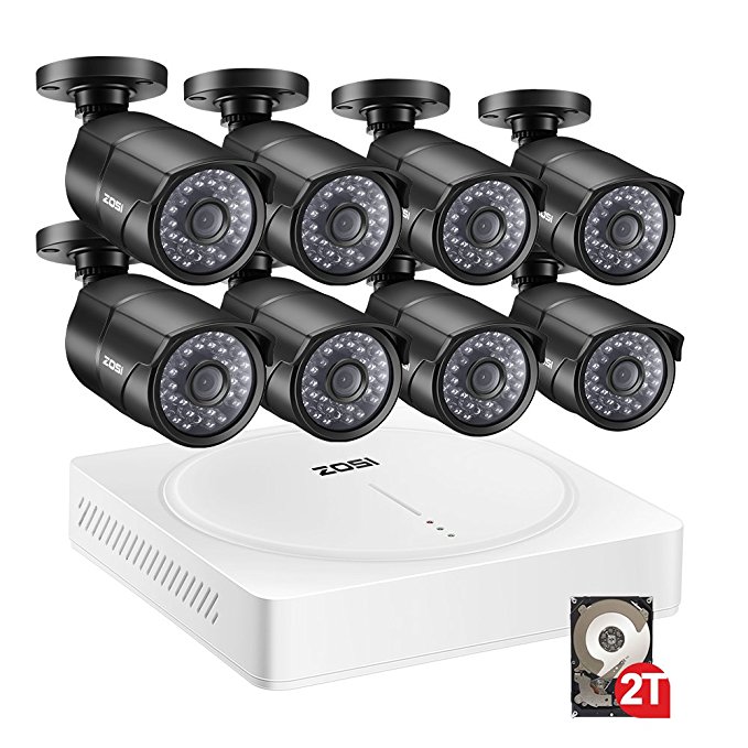 ZOSI 5MP Security Camera System,8 Channel 1920p CCTV DVR Reorder(2TB HDD Built-in) W/8x HD 5MP(2592 x 1920) Outdoor/Indoor Day Night Vision Surveillance Camera-Remote Access,Motion Detection