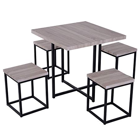 HOMCOM 5 Piece Wood Steel Space Saving Dining Room Table Set with Stools