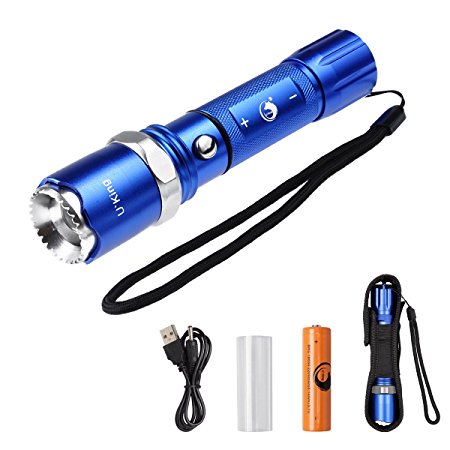 Rechargeable Tactical Flashlight Ultra Bright Handheld LED Torch with Focusing Portable CREE XML-T6 1000 Lumens Direct Charging and 5 Light Modes by U`King