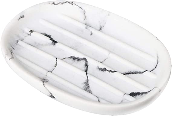 Soap Dish Shower, White Marble Look Bar Soap Holder Oval Soap Sponge Tray Soap Case Box Saver for Bathroom Kitchen Sink Counter