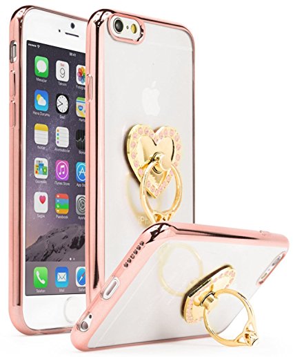 Aikeduo for iPhone 6plus 6s plus 5.5 inch Case, Bastex Slim Fit Clear Plastic TPU Gold Bumper Case Cover with pink Bling Heart Ring Holder Kickstand (Rose golden)