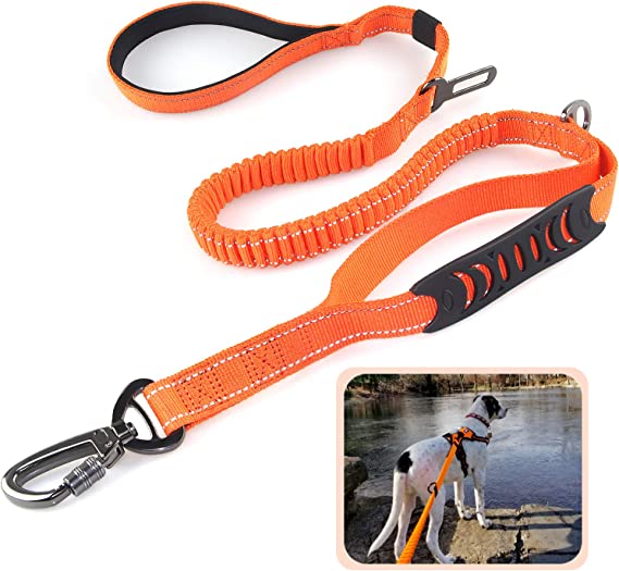 Heavy Duty Dog Leash Especially for Large Dogs Up to 150lbs, 6 Ft Reflective Dog Walking Training Shock Absorbing Bungee Leash with Car Seat Belt Buckle, 2 Padded Traffic Handle for Extra Control