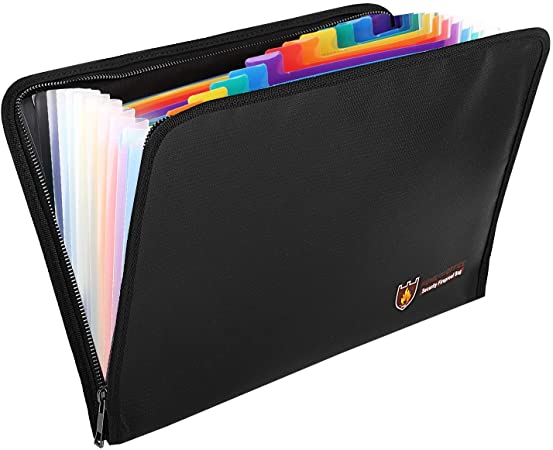 MoKo Fireproof Waterproof Document Organizer Bag, A4 Size 12 Colored Pockets Expanding Safe File Folder, Zipper Closure Non-Itchy Silicone Coated Portable Filing Pouch (14.3" x 9.8") - Black