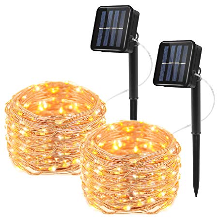 Moreplus 33ft Solar Powered String Lights 8 Modes Copper Wire Lights Indoor/Outdoor Waterproof Decorative String Lights for Patio Garden Wedding Christmas Decor (100 LED-2 Pack, Warm White)