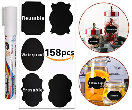 158pcs Chalkboard Labels,Reusable & Waterproof Chalkboard Stickers with 1 Erasable White Chalk Markers Window Pens for Labeling Mason Jars, Pantry, Glass Canisters – Organize Your Home Storage & Offic