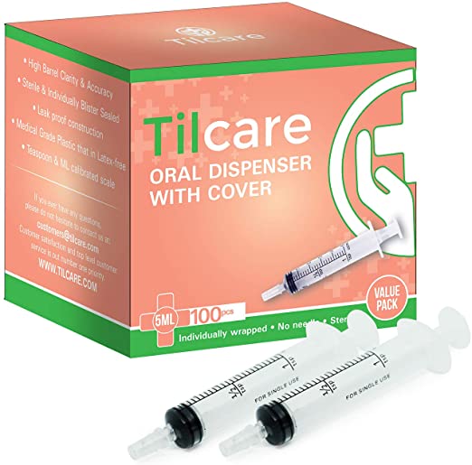 5ml Oral Dispenser Syringe with Cover 100 Pack by Tilcare - Sterile Plastic Medicine Droppers for Children, Pets & Adults – Latex-Free Medication Syringe Without Needle - Syringes for Glue and Epoxy