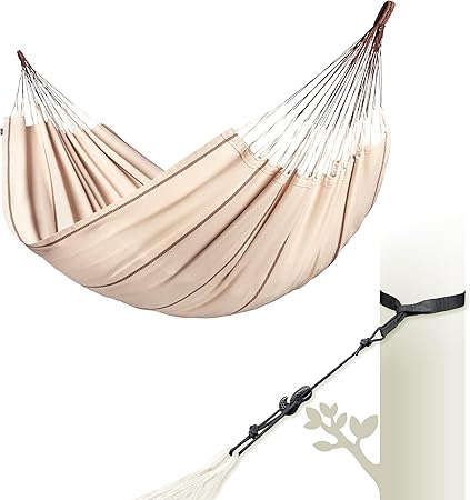 LA SIESTA® Modesta Organic Cotton Hammock & TreeMount, Hammock & Tree Straps for Beams Posts - Indoor Outdoor Hammock, Extra Large Patio Hammock Bed, Portable Hammock 2 Person Hammock - King, Nougat