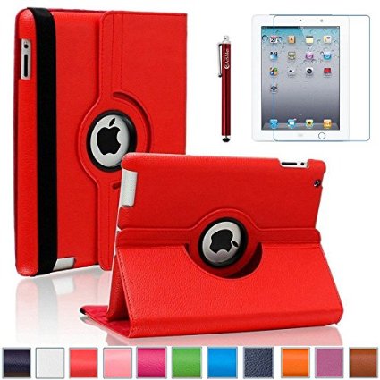 iPad 2 Case, iPad 3 Case, iPad 4 Case, AiSMei Rotating Stand Case Cover with Wake Up/Sleep Function For Apple iPad 2,the New iPad,iPad 4 [the 2nd,3rd,4th Gen 9.7-Inch iPad] [Bonus Film Stylus] -Red