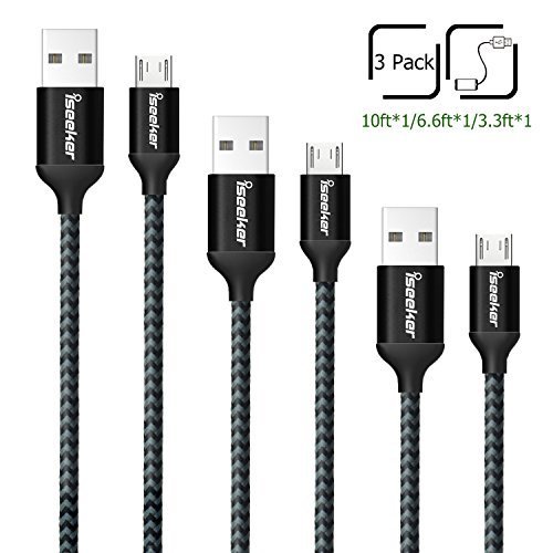 Micro USB Cable10ft6ft33ft3 Pack iSeeker High Charging Speed USB 20 A Male to Micro Nylon Braided Cords with Aluminum Connectors for AndriodSamsung and moreBlack