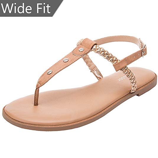 Aukusor Womens Wide Width Flat Sandals - Flip Flop Open Toe T-Ankle Strap Flexible Summer Flat Shoes