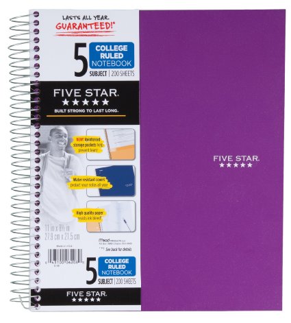 Five Star Spiral Notebook, 5 Subject, College Ruled, 200 Sheets, 11 x 8.5 Inch, 1 Notebook, Assorted Colors - Color May Vary (06208)