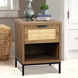 Anmytek Wood Nightstand with Drawer,22-inch Tall Bedside Table, End Table Storage with Natural Rattan Bed Side Table Night Stands for Bedroom Mid-Century Modern Nightstand with Storage