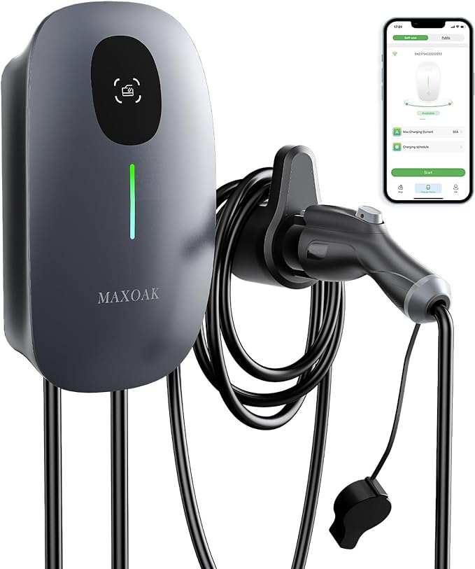MAXOAK Electric Vehicle Charger - Adjustable 16A to 50A Output Current, Level 2, 240V, Hardwired, CSA Certified & NEMA Type 4, Smart APP Control, Compatible with Tesla and All EV Brands