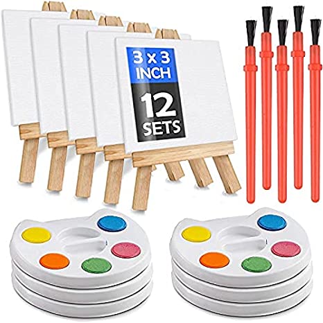 Mini Canvas and Paint Set - 12 Pack - 3x3" Canvases, Wood Easels, Watercolor Paint Palettes, Paint Brushes. DIY Artist Party Favors and Painting Kit for 12 Adults and Children