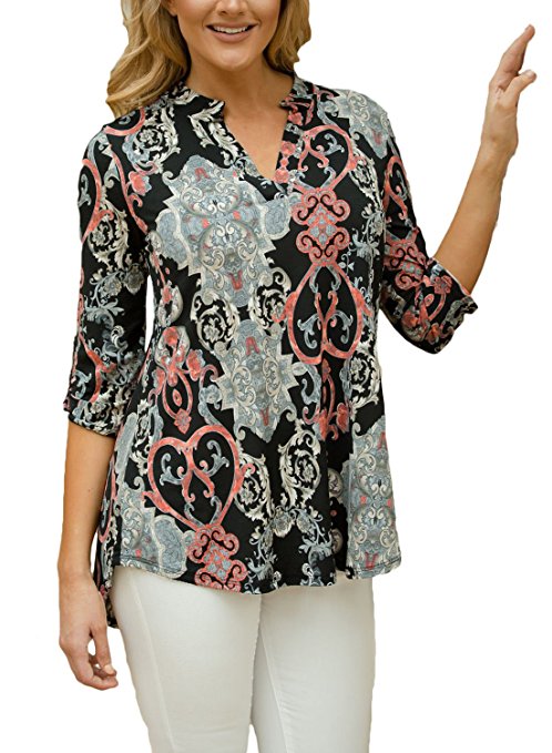 Dokotoo Women Casual Split V Neck Cuffed Sleeve Floral Print Blouses Tops (9 Floral Pattern)