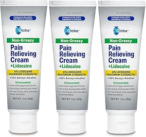 Globe Lidocaine 4% + Pain Relieving Cream, Fast Acting, Numbing Relief, Unscented, Compare to The Brand Name Lidocaine Plus Pain Relieving Cream. (3 oz Tubes x 3) (Total 9 oz)