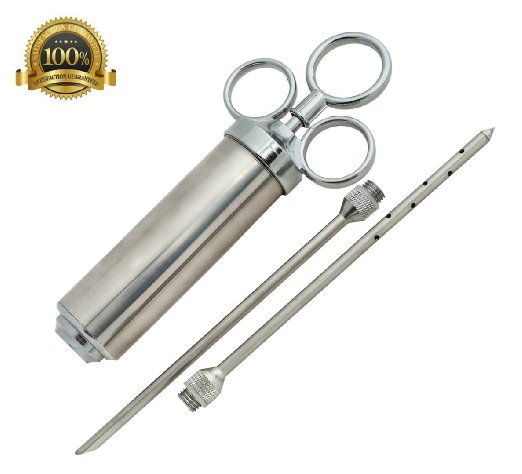 Meat Injector Stainless Steel - 2 Oz Heavy Duty Seasoning Injector - Marinade Injector Syringe Includes 2 Needles
