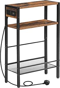 HOOBRO Slim Side Table with Charging Station, Narrow Side Table with USB Ports and Power Outlet, 42 x 18 x 65 cm, 3-Tier End Table for Small Space, Bedside Table, Rustic Brown and Black EBF102KBZ01