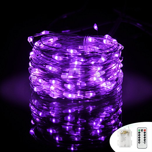 LED String Lights,Battery Powered Fairy String Lights With Multi-Mode Remote,33ft 100 leds Waterproof Indoor Decorative Silver Wire Lights for Wedding，Bedroom ,Patio,Outdoor Garden,Christmas.（Purple)