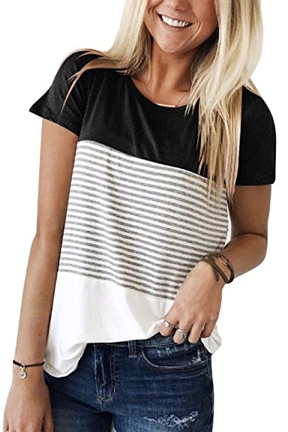 Smalovy Women's Triple Color Block Stripe T Shirt Short Sleeve Casual Loose Fit Tee