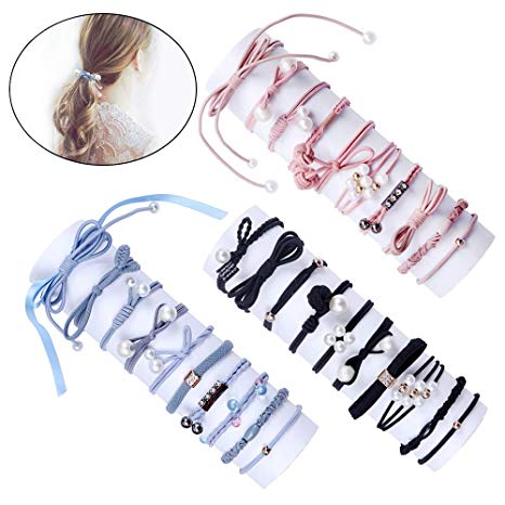 30 Pieces Lucky Bowknot Hair Ties for Ladies and Women High Elasticity Hair Scrunchies Fashion Pearls Ponytail Holders Hair Rope Elastic Rubber Bands for Thick or Thin Hair (Black,Blue,Pink)