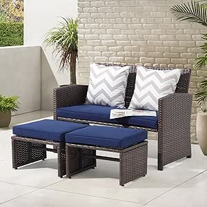 OC Orange-Casual Outdoor Loveseat 3 Piece Patio Furniture Set Outdoor Conversation Set All-Weather Wicker Love Seat with Ottoman/Side Table, Brown Rattan, Blue