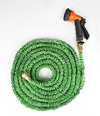 2017 Newest FlatLED Garden Water Hose, Green Collapsible Flexible Expanding Retractable Automatically with Brass Connector and Spray Nozzle (50ft)