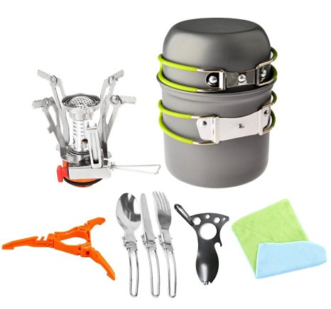 12pcs Camping Cookware Stove Canister Stand Tripod Folding Spork Set Bisgear(TM) Outdoor Camping Hiking Backpacking Non-stick Cooking Non-stick Picnic Knife Spoon Bottle Opener