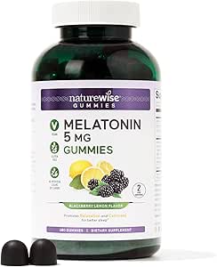 NatureWise Melatonin Gummies 5mg - Sleep Aid & Relaxation with Ashwagandha, Valerian Root, Lemon Balm - BlackBerry-Lemon Flavor - Vegan, Gluten Free, Non-GMO - 180 Count[3-Month Supply]