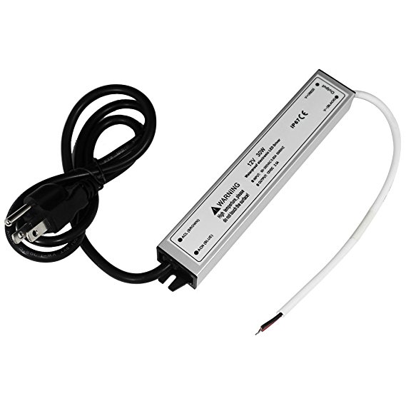 LightingWill Waterproof IP67 LED Power Supply Driver Transformer 30W 110V AC to 12V DC Low Voltage Output with 3-Prong Plug 3.3 Feet Cable for Outdoor Use