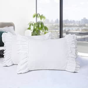 HIG Pack of 2 Chic Ruffle Pillow Shams, Queen Size White French Country Style Vintage Pillowcases with Handcraft Ruffle, Boho Frilly Pillow Shams for Bedroom, Microfiber, 20" X 30" (EMORY)