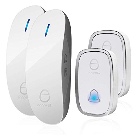 Wireless Doorbell Door Chime Kit Portable Waterproof Push Button over 900ft Long Range 4-Level Volume & Blue Light 36 Melodies to Choose-White (2Transmitters-2Receivers)