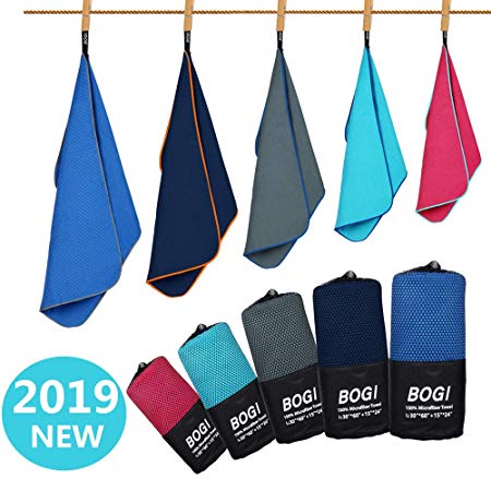 BOGI Microfiber Sport Travel Towel Set -S M L XL- Quick Dry, Super Absorbent, Non Slip Yoga Towel- for Beach Bath Golf Gym Camp Hiking Baby Pool Large Towel with Hand Hair Towel Carrying Bag&Clip