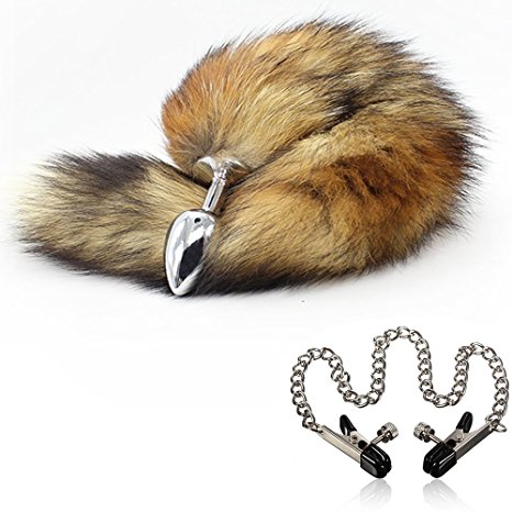 Lover Fire Wild Naughty Chrome Plating Fox Tail Analplug w/ Soft Fur - G-Spot Stimulating Fetish Great Pleasure Buttplug Sex Products Fetish Anal Butt Toys for Fetish Kinky Sex Love Games Great Valentine's / Birthday Gift & Bonus Nipple Clamps