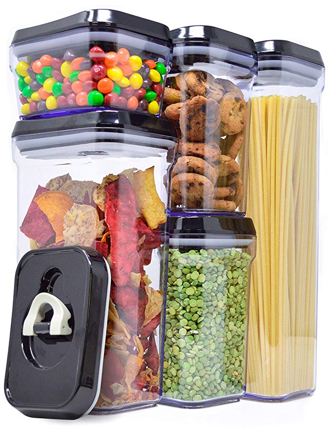 Royal Air-Tight Food Storage Container Set - 5-Piece Set - Durable Plastic - BPA Free - Clear Plastic with Black Lids