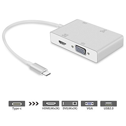 USB 3.1 Type C to HDMI Adapter, Topoint USB-C (Type C) to HDMI DVI 4K VGA Multilport Adaptor Converter with USB 3.0 HUB for MacBook/Chromebook Pixel, Plug and Play