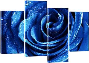 Wieco Art Blue Rose with Dew Canvas Wall Art Abstract Romantic Flower Pictures Paintings Wall Art for Living Room Bedroom Decorations Wall Decor Large 4 Panels Modern Canvas Prints Artwork