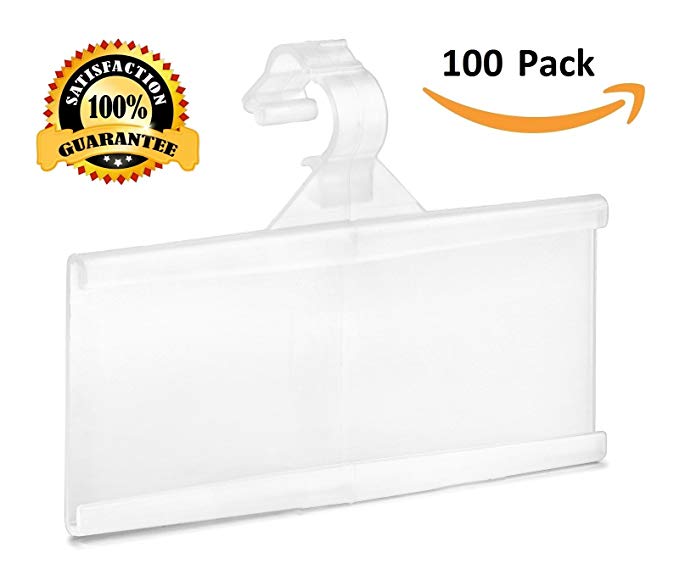 Pack of 100 – Plastic Wire Shelf Label Holder, Sign and Ticket Holder, Easy Clip Design with Tight Snap Lock Closure. Height, 1-1/4" X Width, 3"
